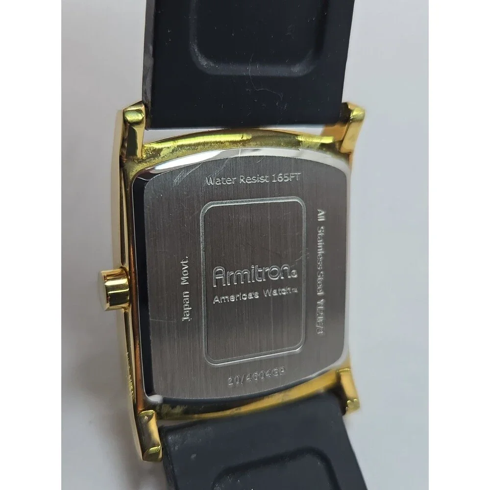 Mens Armitron Diamond 33mm Gold Tone Tank Black Silicon Quartz Watch New Battery